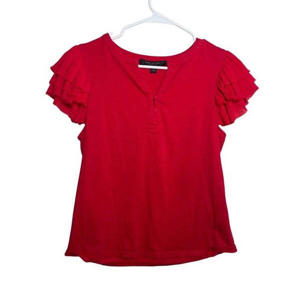 Marc New York Blouse Women's Small Red V-Neck Short Sleeve Ruffle Top Career - Picture 1 of 10